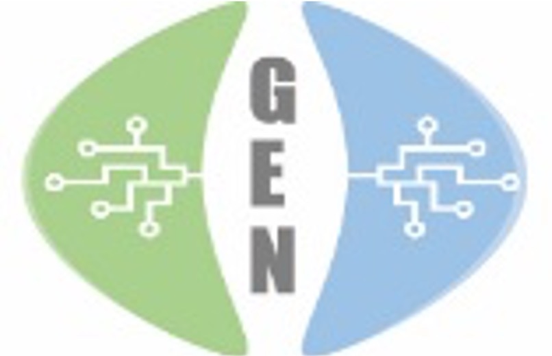 Green Enterprise Network Pvt Ltd logo - circular design with green left half and blue right half, each containing white circuit and network patterns, with GEN text vertically arranged in center on white background